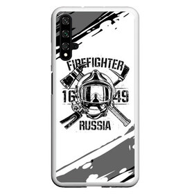 Чехол для Honor 20 с принтом FIREFIGHTER 1649 RUSSIA в Рязани, Силикон | Область печати: задняя сторона чехла, без боковых панелей | Тематика изображения на принте: 112 | 27 декабря | firefighter | багор | белая | герб | гкчс | знак | лого | логотип | маска | мчс | мчсник | пожарная охрана | пожарник | пожарный | пч | россии | рф | серая | символ | служба | состаренная