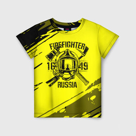 Детская футболка 3D с принтом FIREFIGHTER 1649 RUSSIA в Рязани, 100% гипоаллергенный полиэфир | прямой крой, круглый вырез горловины, длина до линии бедер, чуть спущенное плечо, ткань немного тянется | Тематика изображения на принте: 112 | firefighter | багор | герб | гкчс | желтая | знак | лого | логотип | мчс | мчсник | пожарная охрана | пожарник | пожарный | пч | россии | рф | серая | символ | служба | спасатель | спасения | топор | флаг