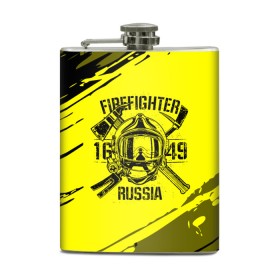 Фляга с принтом FIREFIGHTER 1649 RUSSIA в Рязани, металлический корпус | емкость 0,22 л, размер 125 х 94 мм. Виниловая наклейка запечатывается полностью | 112 | firefighter | багор | герб | гкчс | желтая | знак | лого | логотип | мчс | мчсник | пожарная охрана | пожарник | пожарный | пч | россии | рф | серая | символ | служба | спасатель | спасения | топор | флаг