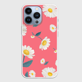 Чехол для iPhone 13 Pro с принтом Ромашки в Рязани,  |  | белый | для девушек | желтый | летний принт | листочки цветов | розовый фон | ромашка | ромашки | цветочки | цветы