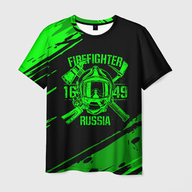 Мужская футболка 3D с принтом FIREFIGHTER 1649 RUSSIA в Рязани, 100% полиэфир | прямой крой, круглый вырез горловины, длина до линии бедер | Тематика изображения на принте: 112 | firefighter | багор | герб | гкчс | зеленая | знак | лого | логотип | мчс | мчсник | пожарная охрана | пожарник | пожарный | пч | россии | рф | серая | символ | служба | спасатель | спасения | топор | флаг