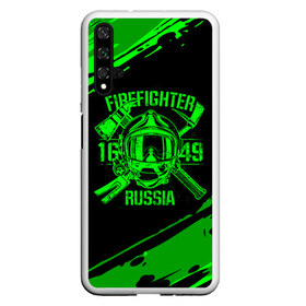 Чехол для Honor 20 с принтом FIREFIGHTER 1649 RUSSIA в Рязани, Силикон | Область печати: задняя сторона чехла, без боковых панелей | Тематика изображения на принте: 112 | firefighter | багор | герб | гкчс | зеленая | знак | лого | логотип | мчс | мчсник | пожарная охрана | пожарник | пожарный | пч | россии | рф | серая | символ | служба | спасатель | спасения | топор | флаг