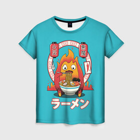 Женская футболка 3D с принтом Calcifer & ramen в Рязани, 100% полиэфир ( синтетическое хлопкоподобное полотно) | прямой крой, круглый вырез горловины, длина до линии бедер | ведьма пустоши | кальцифер | маркл | пугало | пугало репка | софи | софи хаттер | хаул | хаул пендрагон | ходячий замок | ходячий замок хаула