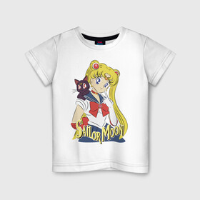 Детская футболка хлопок с принтом Sailor Moon & Luna в Рязани, 100% хлопок | круглый вырез горловины, полуприлегающий силуэт, длина до линии бедер | Тематика изображения на принте: cat | girl | kitty | luna | moon | sailor moon | sailormoon | девочка | кот | котик | котэ | кошка | луна | мультяшка | сейлормун | сэйлор мун