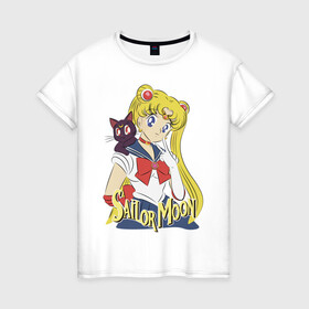 Женская футболка хлопок с принтом Sailor Moon & Luna в Рязани, 100% хлопок | прямой крой, круглый вырез горловины, длина до линии бедер, слегка спущенное плечо | Тематика изображения на принте: cat | girl | kitty | luna | moon | sailor moon | sailormoon | девочка | кот | котик | котэ | кошка | луна | мультяшка | сейлормун | сэйлор мун