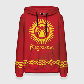 Женская толстовка 3D с принтом Киргизия в Рязани, 100% полиэстер  | двухслойный капюшон со шнурком для регулировки, мягкие манжеты на рукавах и по низу толстовки, спереди карман-кенгуру с мягким внутренним слоем. | asia | coat of arms | kyrgyz republics | kyrgyzstan | ornament | state | азия | герб | государство | киргизия | киргизская республика | кыргыз республикасы | кыргызстан | орнамент