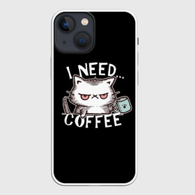 Чехол для iPhone 13 mini с принтом Кофе кот в Рязани,  |  | cat | coffee | grumpy | lol | mem | need | кити | котенок | котик | кофе | кофэ | мем | мне | недовольный | нужен | прикол | смешной