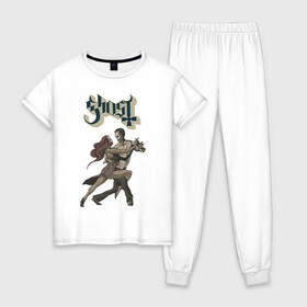 Женская пижама хлопок с принтом Ghost в Рязани, 100% хлопок | брюки и футболка прямого кроя, без карманов, на брюках мягкая резинка на поясе и по низу штанин | dance macabre | ghost | heavy | rock | призрак