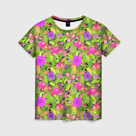 Женская футболка 3D с принтом Flamingo | Tropical в Рязани, 100% полиэфир ( синтетическое хлопкоподобное полотно) | прямой крой, круглый вырез горловины, длина до линии бедер | flamingo | flamingos | flower | flowers | neon | pink | rose | summer | девочке | девушке | красивая | летняя | неон | парню | подарок | прикольная | приятная | роза | розовая | стильная | текстура | тропики | фламинго | цветок