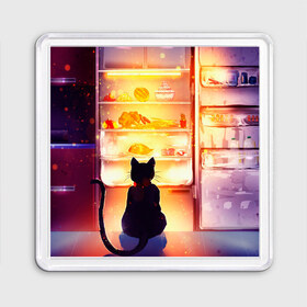 Магнит 55*55 с принтом Черный кот холодильник ночь в Рязани, Пластик | Размер: 65*65 мм; Размер печати: 55*55 мм | Тематика изображения на принте: арт | вкусняшки | ночной дожор | ночь | преступление | рисунок | холодильник | черный кот