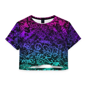 Женская футболка Crop-top 3D с принтом Граффити Neon в Рязани, 100% полиэстер | круглая горловина, длина футболки до линии талии, рукава с отворотами | blue | cyberpunk | drawing | graffiti | lettering | neon | paint | purple | text | брызги | граффити | киберпанк | краска | надписи | неон | рисунок | синий | текст | фиолетовый