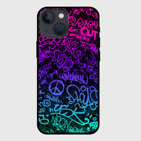 Чехол для iPhone 13 mini с принтом Граффити Neon в Рязани,  |  | blue | cyberpunk | drawing | graffiti | lettering | neon | paint | purple | text | брызги | граффити | киберпанк | краска | надписи | неон | рисунок | синий | текст | фиолетовый