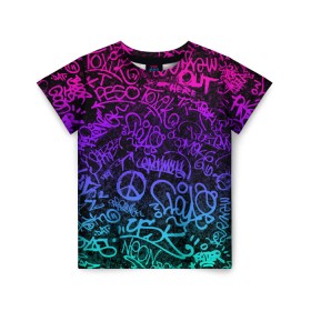 Детская футболка 3D с принтом Граффити Neon в Рязани, 100% гипоаллергенный полиэфир | прямой крой, круглый вырез горловины, длина до линии бедер, чуть спущенное плечо, ткань немного тянется | Тематика изображения на принте: blue | cyberpunk | drawing | graffiti | lettering | neon | paint | purple | text | брызги | граффити | киберпанк | краска | надписи | неон | рисунок | синий | текст | фиолетовый