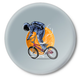 Значок с принтом Космический велосипедист (Z) в Рязани,  металл | круглая форма, металлическая застежка в виде булавки | bicycle | bicyclist | bike | biker | bmx | cycle | galaxy | moon | rider | space | stars | байкер | бмх | вело | велогонщик | велосепедист | велосипед | велоспорт | гонщик | космос | луна
