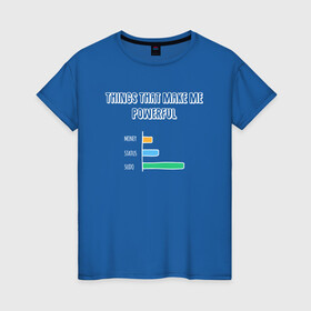 Женская футболка хлопок с принтом SUDO дает Силу в Рязани, 100% хлопок | прямой крой, круглый вырез горловины, длина до линии бедер, слегка спущенное плечо | Тематика изображения на принте: coding | it | programming | sudo | кодинг | прогер | программирование | программист