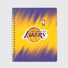 Тетрадь с принтом Los Angeles Lakers в Рязани, 100% бумага | 48 листов, плотность листов — 60 г/м2, плотность картонной обложки — 250 г/м2. Листы скреплены сбоку удобной пружинной спиралью. Уголки страниц и обложки скругленные. Цвет линий — светло-серый
 | basketball | game | lakers | los angeles | los angeles lakers | nba | sport | баскетбол | игра | лейкерс | лос анджелес | лос анджелес лейкерс | нба | спорт