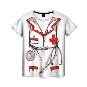 Женская футболка 3D с принтом Халат медсестры в Рязани, 100% полиэфир ( синтетическое хлопкоподобное полотно) | прямой крой, круглый вырез горловины, длина до линии бедер | cosplay | doctor | nurse | surgeon | бабочка | больничный | врач | врача | госпиталь | для ролевых игр | доктор | доктора | докторский | карманы | косплей | костюм медсестры | медсестра | медсестры | стетоскоп