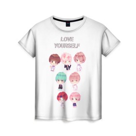 Женская футболка 3D с принтом BTS Love Yourself в Рязани, 100% полиэфир ( синтетическое хлопкоподобное полотно) | прямой крой, круглый вырез горловины, длина до линии бедер | bts | k pop | love | love yourself | битиес