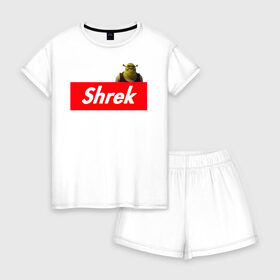 Женская пижама с шортиками хлопок с принтом Shrek в Рязани, 100% хлопок | футболка прямого кроя, шорты свободные с широкой мягкой резинкой | shrek | shrek is life | мемы | огр кек | суприм | суприм лого | шрек