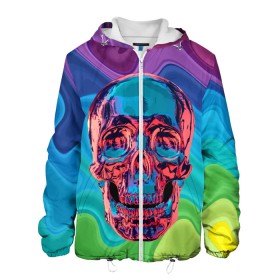 Мужская куртка 3D с принтом Color skull в Рязани, ткань верха — 100% полиэстер, подклад — флис | прямой крой, подол и капюшон оформлены резинкой с фиксаторами, два кармана без застежек по бокам, один большой потайной карман на груди. Карман на груди застегивается на липучку | color | jaw | neon | skull | teeth | vanguard | авангард | зубы | неон | пасть | цвет | череп