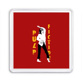 Магнит 55*55 с принтом Pulp Fiction в Рязани, Пластик | Размер: 65*65 мм; Размер печати: 55*55 мм | Тематика изображения на принте: актеры | бандиты | боевик | бульварное | винсент | герои | девяностые | джулс | знаменитости | кинофильм | комедия | криминал | криминальное | лихие | логотип | миа | персонажи | преступники | ретро