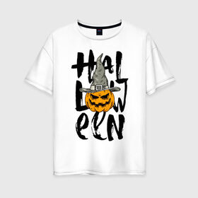 Женская футболка хлопок Oversize с принтом Halloween в Рязани, 100% хлопок | свободный крой, круглый ворот, спущенный рукав, длина до линии бедер
 | eyes | halloween | hat | jaw | pumpkin | smile | глаза | пасть | тыква | улыбка | хэллоуин | шляпа
