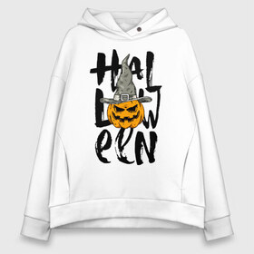 Женское худи Oversize хлопок с принтом Halloween в Рязани, френч-терри — 70% хлопок, 30% полиэстер. Мягкий теплый начес внутри —100% хлопок | боковые карманы, эластичные манжеты и нижняя кромка, капюшон на магнитной кнопке | eyes | halloween | hat | jaw | pumpkin | smile | глаза | пасть | тыква | улыбка | хэллоуин | шляпа