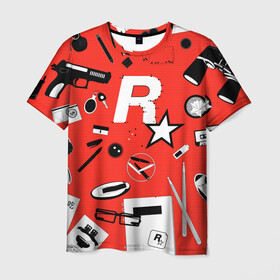 Мужская футболка 3D с принтом Rockstar в Рязани, 100% полиэфир | прямой крой, круглый вырез горловины, длина до линии бедер | grand theft auto | gta | max payne | rockstar | гта | игроман | игры | ключи | макс пейн | очки | пистолет | рокстар