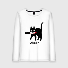 Женский лонгслив хлопок с принтом WHAT & CAT в Рязани, 100% хлопок |  | art | black | black cat | cat | dark | dark cat | what | what cat | what mem | арт | вопрос | интернет мем | кот | кот арт | кот мем | кошачье лицо | кошачья мордочка | мем | нож | прикол | прикольный кот | убица | чёрный | чёрный кот