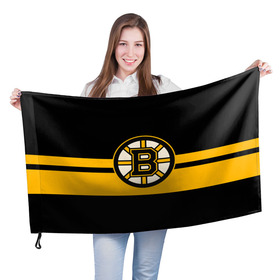 Флаг 3D с принтом BOSTON BRUINS NHL в Рязани, 100% полиэстер | плотность ткани — 95 г/м2, размер — 67 х 109 см. Принт наносится с одной стороны | Тематика изображения на принте: black | boston | bruins | hockey | ice | logo | nhl | sport | usa | бостон | брюинз | логотип | нхл | спорт | хоккей