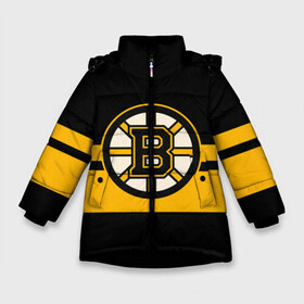 Зимняя куртка для девочек 3D с принтом BOSTON BRUINS NHL в Рязани, ткань верха — 100% полиэстер; подклад — 100% полиэстер, утеплитель — 100% полиэстер. | длина ниже бедра, удлиненная спинка, воротник стойка и отстегивающийся капюшон. Есть боковые карманы с листочкой на кнопках, утяжки по низу изделия и внутренний карман на молнии. 

Предусмотрены светоотражающий принт на спинке, радужный светоотражающий элемент на пуллере молнии и на резинке для утяжки. | black | boston | bruins | hockey | ice | logo | nhl | sport | usa | бостон | брюинз | логотип | нхл | спорт | хоккей