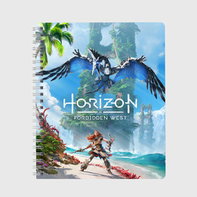 Тетрадь с принтом Horizon Forbidden West в Рязани, 100% бумага | 48 листов, плотность листов — 60 г/м2, плотность картонной обложки — 250 г/м2. Листы скреплены сбоку удобной пружинной спиралью. Уголки страниц и обложки скругленные. Цвет линий — светло-серый
 | Тематика изображения на принте: aloy | guerrilla games | horizon forbidden west | hunt | zero dawn | горизонт | запретный запад | игры | нулевой рассвет | охота | элой