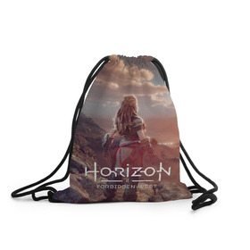 Рюкзак-мешок 3D с принтом Horizon Forbidden West в Рязани, 100% полиэстер | плотность ткани — 200 г/м2, размер — 35 х 45 см; лямки — толстые шнурки, застежка на шнуровке, без карманов и подкладки | Тематика изображения на принте: aloy | guerrilla games | horizon forbidden west | hunt | zero dawn | горизонт | запретный запад | игры | нулевой рассвет | охота | элой