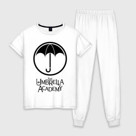 Женская пижама хлопок с принтом Академия Амбрелла в Рязани, 100% хлопок | брюки и футболка прямого кроя, без карманов, на брюках мягкая резинка на поясе и по низу штанин | the umbrella academy | umbrella | академия амбрелла | амбрелла | герб | зонтик