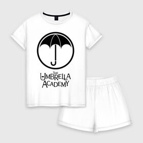 Женская пижама с шортиками хлопок с принтом Академия Амбрелла в Рязани, 100% хлопок | футболка прямого кроя, шорты свободные с широкой мягкой резинкой | Тематика изображения на принте: the umbrella academy | umbrella | академия амбрелла | амбрелла | герб | зонтик