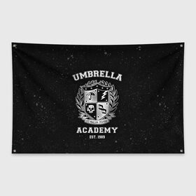 Флаг-баннер с принтом Академия Амбрелла в Рязани, 100% полиэстер | размер 67 х 109 см, плотность ткани — 95 г/м2; по краям флага есть четыре люверса для крепления | the umbrella academy | umbrella | академия амбрелла | амбрелла | герб | зонтик