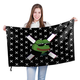 Флаг 3D с принтом Pepe в очках EZ в Рязани, 100% полиэстер | плотность ткани — 95 г/м2, размер — 67 х 109 см. Принт наносится с одной стороны | ez | glitch | pepe | pepe frog | pepe в очках | silvername | twitch emout | жабка в очках | крестики