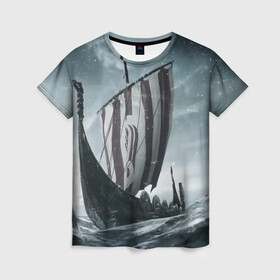 Женская футболка 3D с принтом Викинги в Рязани, 100% полиэфир ( синтетическое хлопкоподобное полотно) | прямой крой, круглый вырез горловины, длина до линии бедер | vikings | викинги | драккар | корабль | море