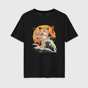 Женская футболка хлопок Oversize с принтом Great Cat Wave в Рязани, 100% хлопок | свободный крой, круглый ворот, спущенный рукав, длина до линии бедер
 | anime | art | cat | cats | great wave | hokusai | japan | japanese | kanagawa | kanji | sushi | арт | большая | в японском стиле | великая | волна | ест суши | иероглифы | канагава | кандзи | китайские | кот | котенок | кошка | палочки | суши