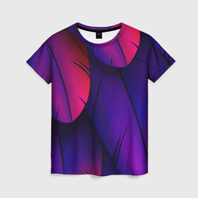 Женская футболка 3D с принтом Tropics в Рязани, 100% полиэфир ( синтетическое хлопкоподобное полотно) | прямой крой, круглый вырез горловины, длина до линии бедер | purple | абстрактный | абстракция | геометрический рисунок | геометрия | индиго | корея | кружево | листья | лого | неон | неоновая | неоновое | неоновые листья | неоновый | пальмы | рисунок | текстура