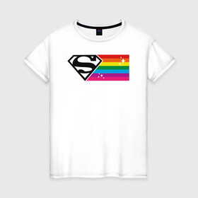 Женская футболка хлопок с принтом Superman Rainbow Logo в Рязани, 100% хлопок | прямой крой, круглый вырез горловины, длина до линии бедер, слегка спущенное плечо | Тематика изображения на принте: dc pride | justice league | pride | superman | vdosadir | лига справедливости | прайд | радуга | супермен