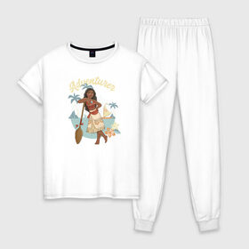 Женская пижама хлопок с принтом Моана в Рязани, 100% хлопок | брюки и футболка прямого кроя, без карманов, на брюках мягкая резинка на поясе и по низу штанин | disney princess | moana | vdkimel | моана