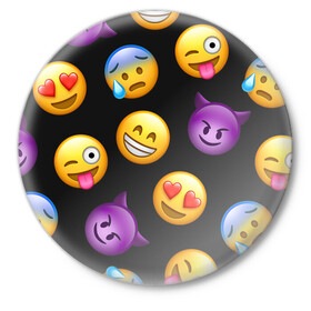 Значок с принтом Emoji в Рязани,  металл | круглая форма, металлическая застежка в виде булавки | school | пенал | прикольный пенал | смайлы | школа | школьный пенал | эмодзи