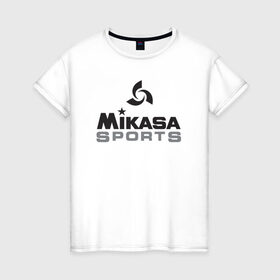 Женская футболка хлопок с принтом MIKASA SPORTS в Рязани, 100% хлопок | прямой крой, круглый вырез горловины, длина до линии бедер, слегка спущенное плечо | beach | mikasa | voleybal | volleyball | волебол | волейбол | волейболист | волейболистка | воллейбол | микаса | пляжный