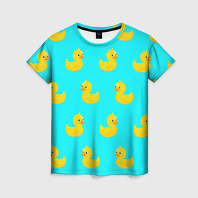 Женская футболка 3D с принтом Уточки в Рязани, 100% полиэфир ( синтетическое хлопкоподобное полотно) | прямой крой, круглый вырез горловины, длина до линии бедер | 3d | ducks | голубая | желтая | зд | утки | уточки