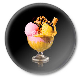 Значок с принтом Мороженое в Рязани,  металл | круглая форма, металлическая застежка в виде булавки | Тематика изображения на принте: мороженое | сладости | стакан | чёрный | шоколад