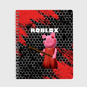 Тетрадь с принтом ROBLOX PIGGY - СВИНКА ПИГГИ в Рязани, 100% бумага | 48 листов, плотность листов — 60 г/м2, плотность картонной обложки — 250 г/м2. Листы скреплены сбоку удобной пружинной спиралью. Уголки страниц и обложки скругленные. Цвет линий — светло-серый
 | pig | piggy | roblox | игра | компьютерная игра | логотип | онлайн | онлайн игра | пигги | поросенок | роблакс | роблокс | свинка | свинья