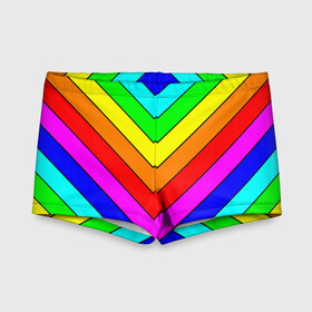 Детские купальные плавки 3D с принтом Rainbow Stripes в Рязани, Полиэстер 85%, Спандекс 15% | Слитный крой, подклад по переду изделия, узкие бретели | Тематика изображения на принте: geometry | gradient | neon | геометрические | градиент | детям | кислота | кислотный | конус | красочный | линии | неоновые | пирамида | полоска | полосы | радуга | радужный | разноцветные | сочный | треугольники