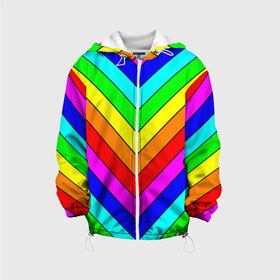 Детская куртка 3D с принтом Rainbow Stripes в Рязани, 100% полиэстер | застежка — молния, подол и капюшон оформлены резинкой с фиксаторами, по бокам — два кармана без застежек, один потайной карман на груди, плотность верхнего слоя — 90 г/м2; плотность флисового подклада — 260 г/м2 | Тематика изображения на принте: geometry | gradient | neon | геометрические | градиент | детям | кислота | кислотный | конус | красочный | линии | неоновые | пирамида | полоска | полосы | радуга | радужный | разноцветные | сочный | треугольники