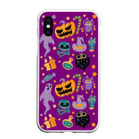 Чехол для iPhone XS Max матовый с принтом Happy Halloween в Рязани, Силикон | Область печати: задняя сторона чехла, без боковых панелей | bones | candle | candy | fangs | flask | ghost | hand | hat | jaw | owl | pumpkin | skull | star | звезда | клыки | колба | конфета | кости | пасть | призрак | рука | свеча | сова | череп | шляпа